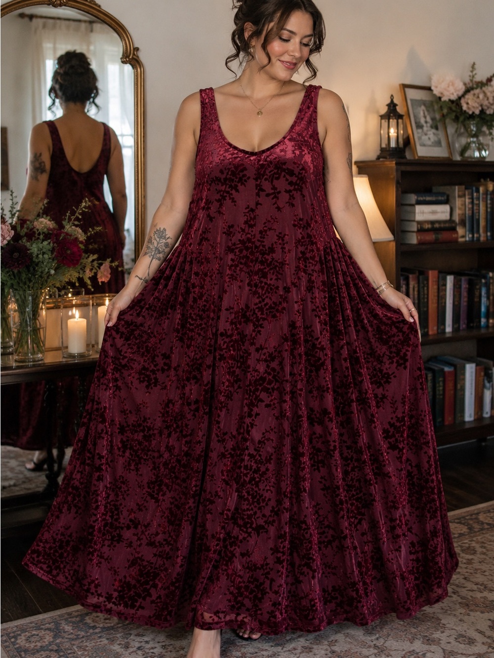 CIDER Burgundy Velvet Burnout Floral Maxi Dress 1XL NWT Romantic Gothic